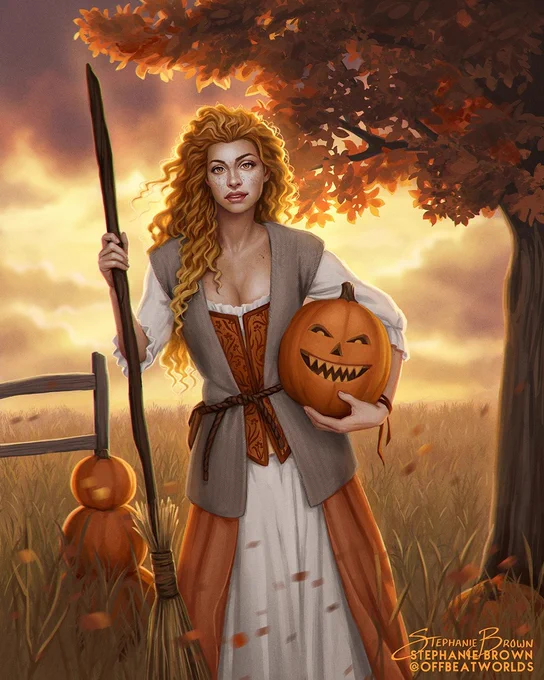 Digital illustration of a harvest witch, standing in a field, her copper blonde curly hair blowingin the wind with the fall leaves from the tree behind her. She's holding a carved jack-o-lantern and a straw broom, wearing an orange and cream dress and corset with a knitted vest.