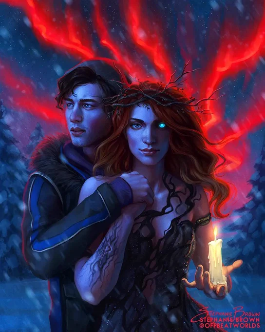 Digital artwork of a man and woman standing outside on a winter night, as blood red northern lights blaze in the sky overhead. The man is bundled up in a winter jacket and beanie, and the woman wears a thin, shimmery black dress and thorny crown, a lit candle melting in her hand. 