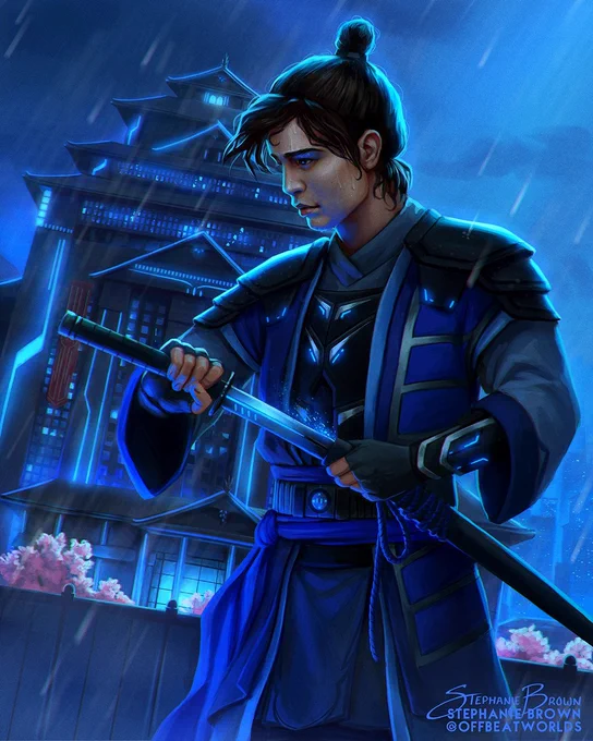 Digital illustration of a Japanese man in scifi style samurai with carbon fiber armor under his formal robes and a topknot. He's unsettling a shiny blade, as rain pours down. Behind him looms a huge high tech palace, with cherry blossom trees planted around it.