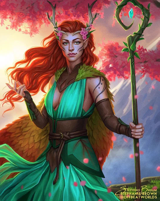 Fanart of Keyleth, Voice of the Tempest, Air Ashari, from Critical Role campaign 1 and Legend of Vox Machina. Her red hair blowing in the breeze with some petals. She wears green dress and corset, and a leafy mantel, and holds a magical staff that curly cue at the top around a green gemstone