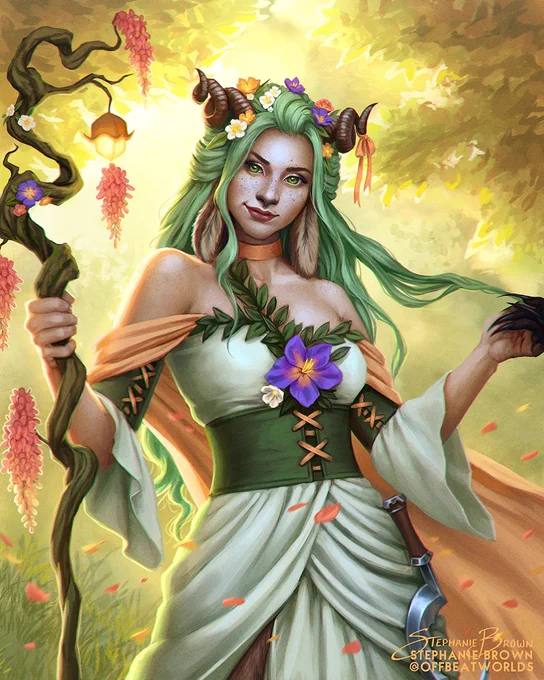 Digital fanart of Fearne Calloway from Critical Role campaign 3, Bells Hells. She wears a pale green dress detailed with leaves and flowers, and an orange cape. She has green hair and curling horns decorated with more flowers, and holds a twisted staff with even more flowers hanging off of it