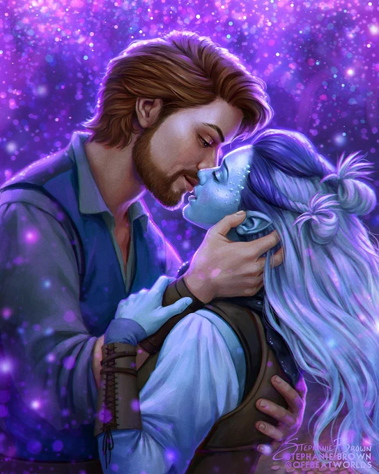 Digital artwork of an air genasi and a human man about to kiss, as a shower of purple sparkles rain around them. 