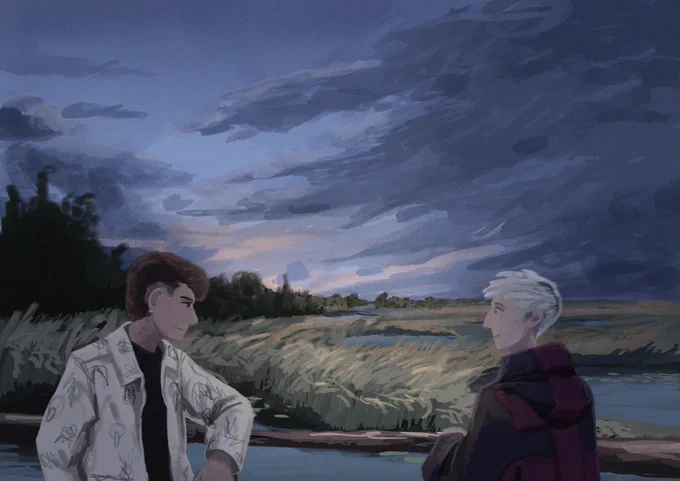 illustration of dan and phil in their 2025 spooky week ghost hunting video. they are in the foreground leaning/holding a wooden railing and looking at each other. behind them is the landscape of the fenn they will explore, the sun behind the clouds is almost fully set and the light is darkening.