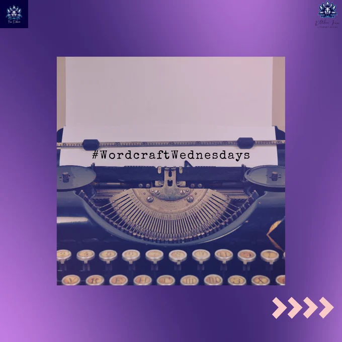 A purple background with a close-up of a black typewriter. A sheet of paper is sticking out of it and #WordcraftWednesdays is typed on it.