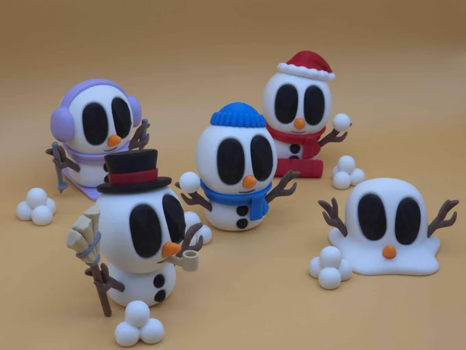 A lineup of five cute 3D-printed snowman creatures called Snowblobs. Each has black oval eyes, stick arms, and winter accessories — one with a top hat and pipe, one in earmuffs with ski poles, one with a blue beanie and scarf, one in a red Santa hat, and one melting into a snow puddle. Snowballs are scattered around them against a warm tan background.
