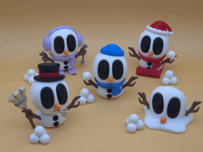 A lineup of five cute 3D-printed snowman creatures called Snowblobs. Each has black oval eyes, stick arms, and winter accessories — one with a top hat and pipe, one in earmuffs with ski poles, one with a blue beanie and scarf, one in a red Santa hat, and one melting into a snow puddle. Snowballs are scattered around them against a warm tan background.
