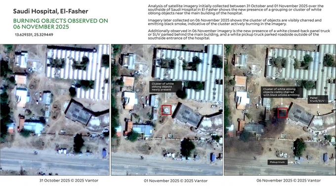 Saudi Hospital, El-Fasher
Burning objects observed on 06 November 2025
13.629331, 25.329449


Copyright: Satellite Imagery 31 October, 01. 06 November 2025 © 2025 Vantor. Analysis conducted by Yale Humanitarian Research Lab.

Analysis of satellite imagery initially collected between 31 October and 01 November 2025 over the southside of Saudi Hospital in El-Fasher shows the new presence of a grouping or cluster of white oblong objects near the main building of the hospital.
Imagery later collected on 06 November 2025 shows the cluster of objects are visibly charred and emitting black smoke, indicative of the cluster actively burning in the imagery.

Additionally observed in 06 November imagery is the new presence of a white closed-back panel truck or SUV parked behind the main building, and a white pickup truck parked roadside outside of the southside entrance of the hospital.