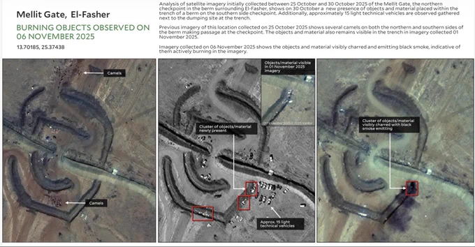 Mellit Gate,  El-Fasher

Burning objects Observed on 06 November 2025

Copyright: Satellite Imagery 31 October, 01, 06 November 2025 © 2025 Vantor. Analysis conducted by Yale Humanitarian Research Lab.

Analysis of satellite imagery initially collected between 25 and 30 Oct 2025 of the Mellit Gate, the northern checkpoint in the berm surrounding El-Fasher, shows on 10/30/25, a  new presence of objects and material placed within the trench of a berm on the southern side checkpoint. Additionally, approximately 15 light technical vehicles are observed gathered next to the dumping site at the trench. 

Previous imagery of this location collected 10/25/25 shows several camels on both northern and southern sides of the berm making passage at the checkpoint. The objects and material remain visible in the trench in imagery collected 11/1/25.

Imagery collected 11/6/25 shows the objects and material visibly charred and emitting black smoke, indicative of them actively burning in the imagery.