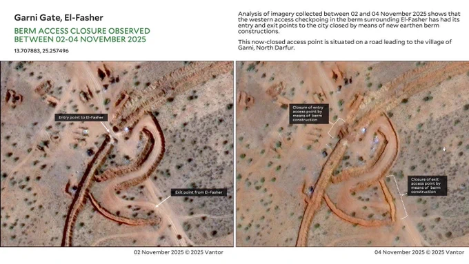Garni Gate, El-Fasher
Berm Access Closure Observed between 02-04 November 2025
13.707883, 25.257496

Copyright: Satellite Imagery 02, 04 November 2025 © 2025 Vantor. Analysis conducted by Yale Humanitarian Research Lab.

Analysis of imagery collected between 02 and 04 November 2025 shows that the western access checkpoint in the berm surrounding El-Fasher has had its entry and exit points to the city closed by means of new earthen berm constructions. 
This now-closed access point is situated on a road leading to the village of Garni, North Darfur.