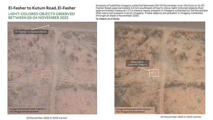 El-Fasher to Kutum Road, El-Fasher
Light-Colored Objects Observed Between 03-04 November 2025
13.718841,25.278346

Copyright: Satellite Imagery 03, 04 November 2025 © 2025 Vantor. Analysis conducted by Yale Humanitarian Research Lab.

Analysis of satellite imagery collected between 03-04 November over the Kutum-to-El-Fasher Road, approximately 5.4 km southeast of Garni, show light-colored objects that approximately measure 1.1-1.6 meters newly present in imagery collected on 04 November that were not present in prior imagery. These objects are present in imagery collected through at least 6 November 2025.