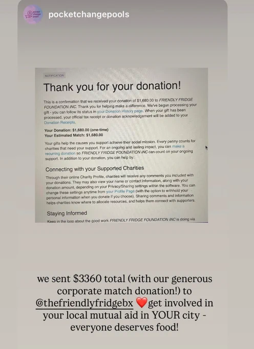 Receipt for $3360 "With your help (and a corporate match!) we were able to send $3360 to The Friendly Fridge Bronx. "