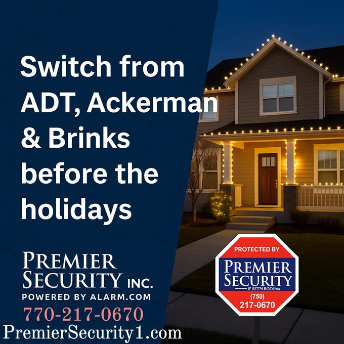 Modern Atlanta home lit for the holidays with a Premier Security Inc. yard sign showing smart home security and visual verification services.