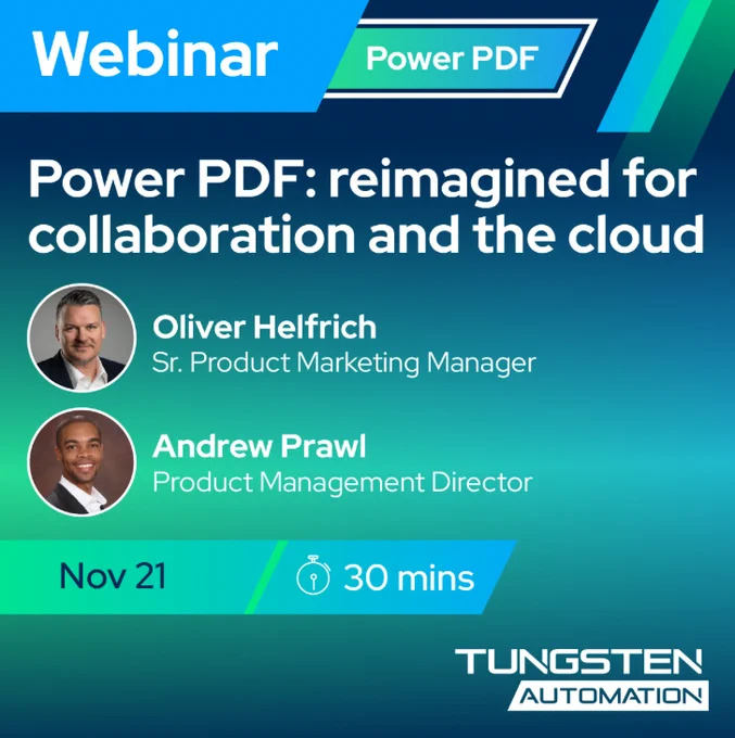 Webinar announcement for Power PDF focusing on collaboration and cloud features with speakers Oliver Helfrich and Andrew Prawl, scheduled for Nov 21, 30 minutes.
