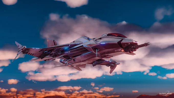 A cinematic Star Citizen screenshot featuring the Aegis Gladius flying through the colorful skies of the Pyro system. The scene resembles an airbrushed painting with warm sunset tones and soft clouds, showcasing the ship’s elegant design and the artistic beauty of the Star Citizen universe.