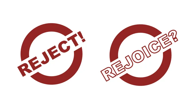 Two illustrated stamps in red on white background, tilted, saying: "Reject!" and "Rejoice?"
