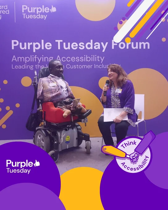 Purple Tuesday ambassador Isaac Hayes, seated in a red powered wheelchair, speaks into a microphone alongside Faride Schroff (SENsational foundation). They are on stage at the Purple Tuesday Forum in Hong Kong. A purple banner reads: "Amplifying Accessibility Leading the Way in Customer Inclusion." Text in the corner promotes Purple Tuesday and Accessibility.