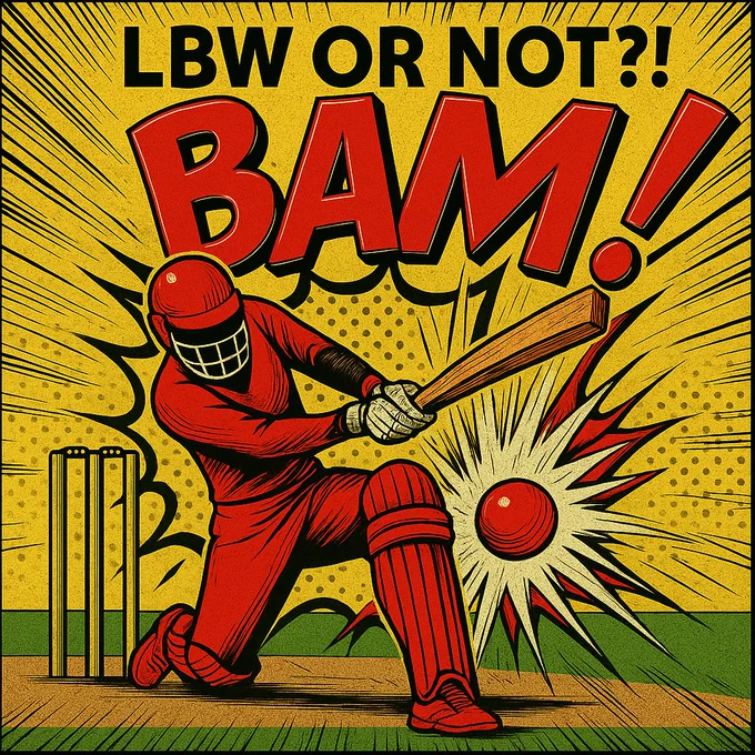 Batter being hit on the pad by a cricket ball in a pop art style illustration