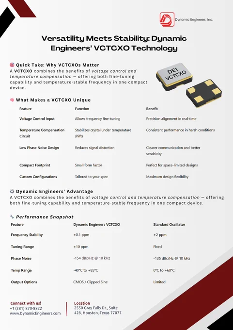Infographic titled “Versatility Meets Stability: Dynamic Engineers’ VCTCXO Technology.” It explains how VCTCXOs combine voltage control and temperature compensation for precise, stable frequency output. Includes a performance comparison chart and company contact info.