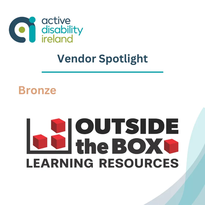 Graphic with the Active Disability Ireland logo and the heading ‘Vendor Spotlight – Bronze’. Below is the Outside the Box Learning Resources logo featuring an icon of three cubes as part of the logo.