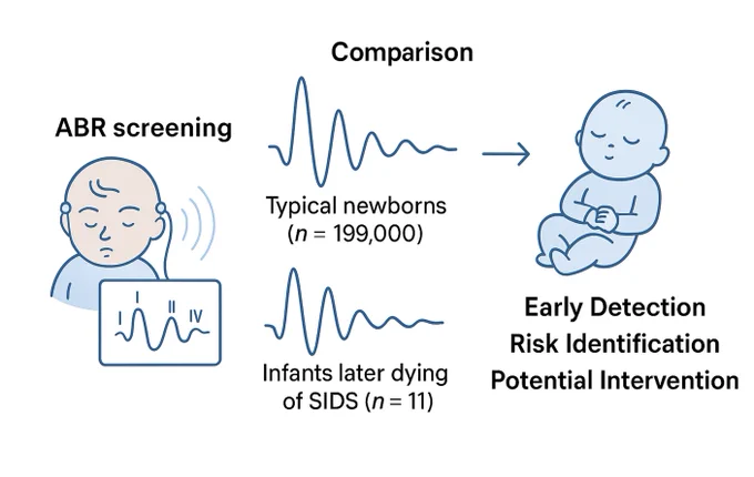 Drawing of an infant getting an ABR screening, and two different waveforms shown, one for typical and one for infants later dying of SIDS, pointing towards early detection risk identification and potential intervention, showing a baby sleeping.