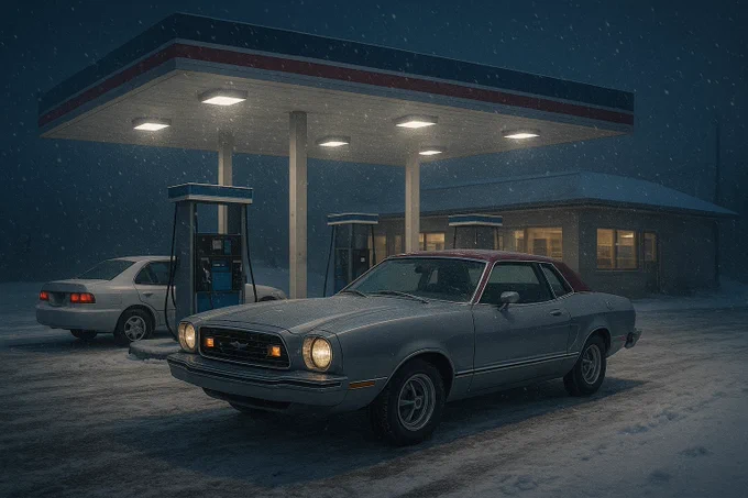 A ChatGPT image of the evening in high school when a stranger taught me about the theory of an engine in an accessible manner. The next day I met the guidance councilor to start my path to university. Aside, I graduated high school in 1992 and my car was this 1978 Mustang II (shown accurately here).
