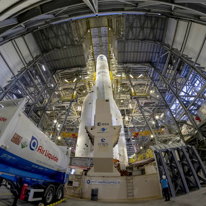Ariane 6 inside Europe's Spaceport warehouse, being prepared for lift-off.