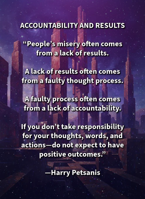 ACCOUNTABILITY AND RESULTS

“People’s misery often comes from a lack of results.

A lack of results often comes from a faulty thought process.

A faulty process often comes from a lack of accountability.

If you don’t take responsibility for your thoughts, words, and actions—do not expect to have positive outcomes.”

—Harry Petsanis

#MindsetMastery
#SelfDiscipline
#CognitiveBehavior
#PersonalResponsibility

“Accountability and Results” by Harry Petsanis, Accountability Coaching