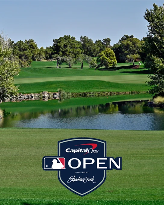 A photo showing the landscape at Shadow Creek golf course. The Capital One MLB Open logo is near the bottom of the photo.