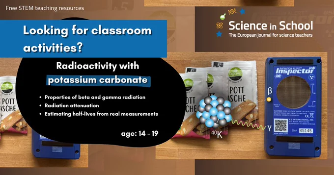 A text reads: Looking for classroom activities? Radioactivity with potassium carbonate. With bullet points below: Properties of beta and gamma radiation. Radiation attenuation. Estimating half-lives from real measurements. Age 14 to 19.