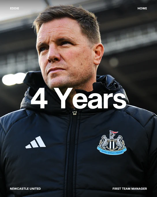 A graphic highlighting Eddie Howe's four year anniversary in charge of Newcastle United
