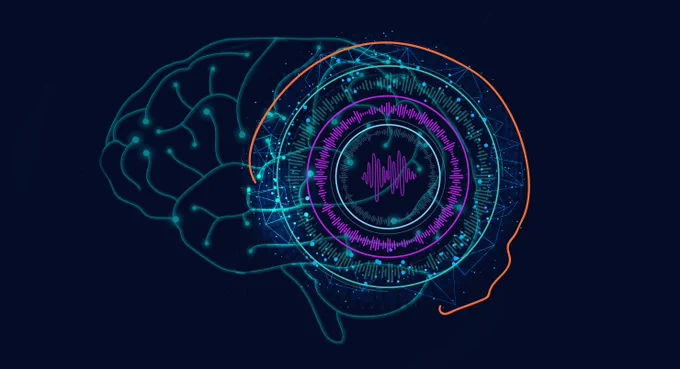 An abstract digital illustration of a brain overlaid with complex data visualizations and sound wave.