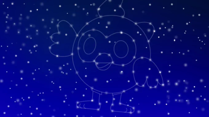 Flutter's mascot Dash, rendered as a white constellation with glowing lines connecting bright dots, is centered against a deep blue gradient background filled with numerous white, diffused starry lights.