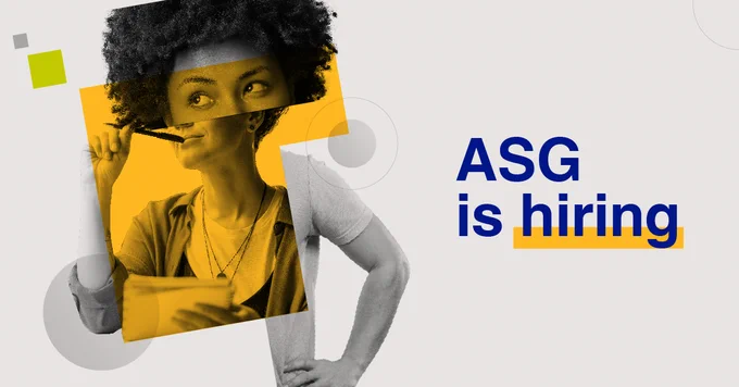 ASG is hiring. A stylized cut-up collage of a woman with dark, curly hair. Overtop the collage is a transparent yellow color block. 