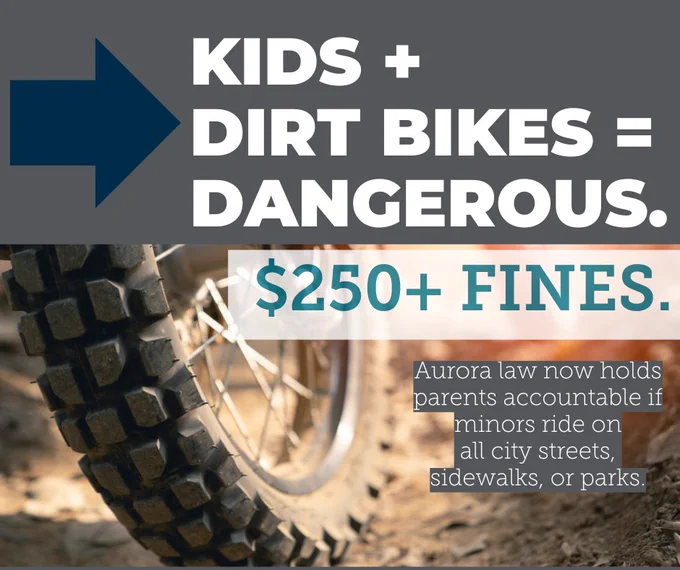 Graphic showing bottom of a e-bike and text describing the new Aurora city ordinance. 