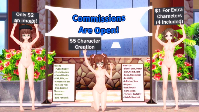 Three nude girls selling art commissions on a public street.
