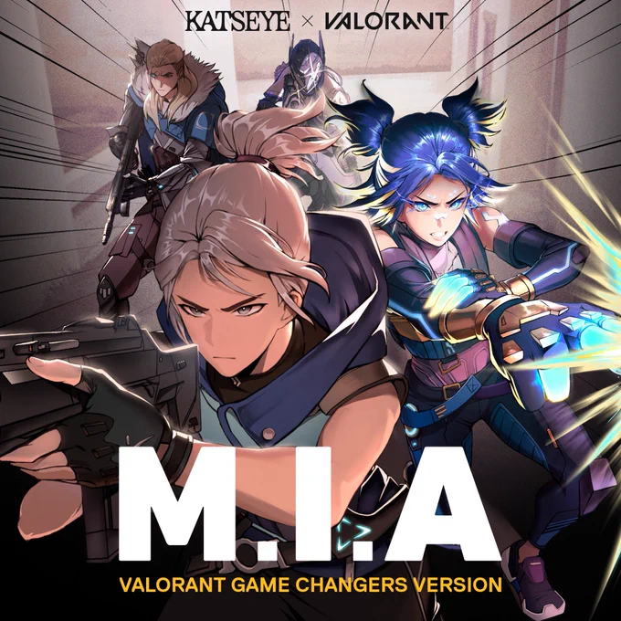 Manwha-style poster of Jett, Neon, Vyse, and Sova charging forward with weapons. There is text that reads “KATSEYE x VALORANT” at the top and  “M.I.A VALORANT GAME CHANGERS VERSION” at the bottom.