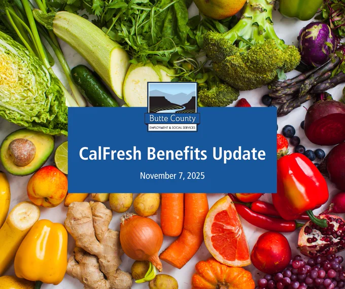 Photo of vegetables with Cal Fresh Benefits Update text in center.