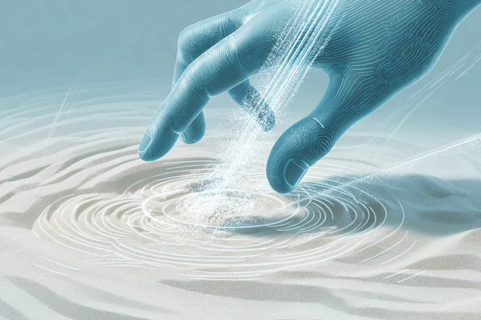 This shows fingers touching sand.