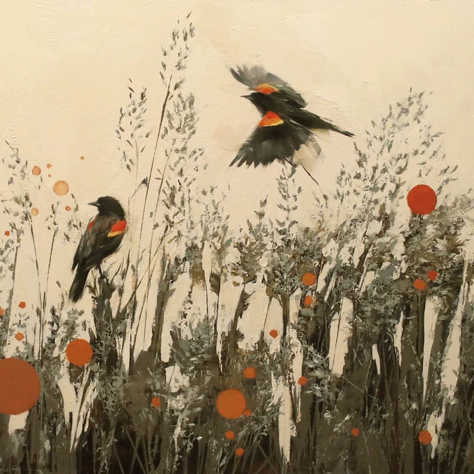 A cropped detail from Lindsey Kustusch’s oil painting "Morning in the Meadow," showing two red-winged blackbirds among tall meadow grasses accented by orange abstract circles. The artist is known for her expressive brushwork and use of color. Posted by Abend Gallery in Denver, Colorado, USA.