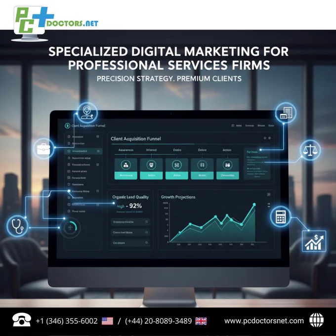 Elevate your firm with PC Doctors NET's Specialized Digital Marketing for Professional Services Firms. We create Precision Strategies for Targeted Client Acquisition, building Authority & Trust while ensuring Ethical & Compliant Marketing. Gain Measurable ROI through Comprehensive Online Visibility and generate high-quality leads for legal, medical, financial, and consulting firms. Contact us for a tailored strategy today!