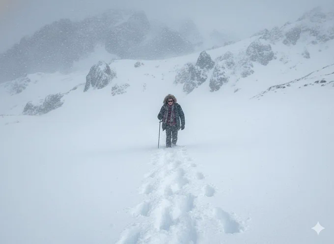 Prompt:

{
  "PromptTitle": "Cinematic Winter Trekking Portrait",
  "Objective": "Generate a hyper-realistic 4K cinematic portrait of a young man trekking through a snowstorm with striking detail and dramatic atmosphere.",
  "SceneDescription": {
    "Setting": "Outdoor nighttime winter environment during a fierce snowstorm",
    "Mood": "Dramatic, intense, and cinematic with a sense of cold endurance and adventure",
    "Lighting": "Dim, diffused winter lighting with reflections from icy surfaces and distant blurred lights"
  },
  "CharacterDetails": {
    "Age": 22,
    "Gender": "Male",
    "Appearance": {
      "Hair": "Wavy dark hair, slightly tousled by wind and snow",
      "Face": "Recognizable, handsome features with frost on eyebrows and visible breath condensation",
      "Accessories": [
        "Deep red-tinted sunglasses catching reflections of swirling snow and icy lights",
        "Modern wristwatch visible beneath the jacket sleeve",