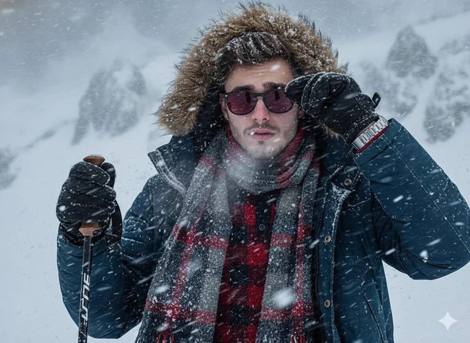 Prompt:

{
  "PromptTitle": "Cinematic Winter Trekking Portrait",
  "Objective": "Generate a hyper-realistic 4K cinematic portrait of a young man trekking through a snowstorm with striking detail and dramatic atmosphere.",
  "SceneDescription": {
    "Setting": "Outdoor nighttime winter environment during a fierce snowstorm",
    "Mood": "Dramatic, intense, and cinematic with a sense of cold endurance and adventure",
    "Lighting": "Dim, diffused winter lighting with reflections from icy surfaces and distant blurred lights"
  },
  "CharacterDetails": {
    "Age": 22,
    "Gender": "Male",
    "Appearance": {
      "Hair": "Wavy dark hair, slightly tousled by wind and snow",
      "Face": "Recognizable, handsome features with frost on eyebrows and visible breath condensation",
      "Accessories": [
        "Deep red-tinted sunglasses catching reflections of swirling snow and icy lights",
        "Modern wristwatch visible beneath the jacket sleeve",