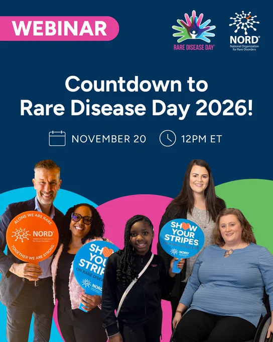 Promotional poster for a webinar titled 'Countdown to Rare Disease Day 2026' scheduled for November 20 at 12 PM ET, featuring the logo of NORD (National Organization for Rare Disorders). The image includes four smiling individuals holding signs related to rare disease awareness, set against a vibrant background with a blend of pink and blue colors.
