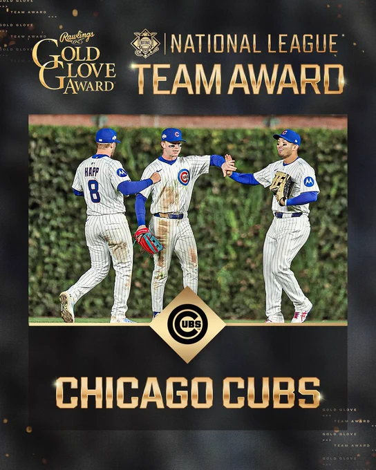 Rawlings Gold Glove Team Award
National League
Chicago Cubs
Pictured: Cubs outfielders Ian Happ, Pete Crow-Armstrong, and Seiya Suzuki gather together to celebrate after the final out of a game at Wrigley Field. They wear white pinstriped Cubs uniforms and blue Cubs caps.