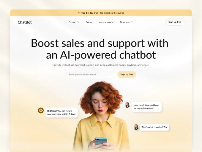Experience a clean, modern, and conversion-focused Chatbot Website Design built to attract users and drive engagement. This design highlights powerful AI-driven features, smooth UI/UX, and a professional layout that communicates trust and innovation.
Perfect for SaaS, startups, and tech companies looking to showcase their AI solutions with style and clarity.

AVAILABLE FOR NEW PROJECT
Feel free to mail me: efatuix@gmail.com
📞 Whatsapp:  8801409008486.