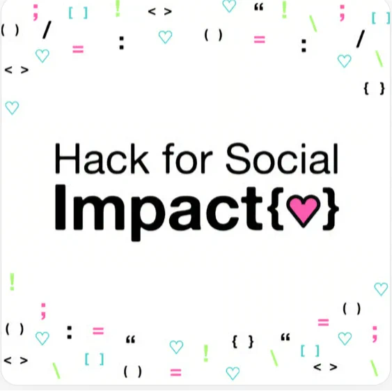 Hack for Social Impact logo on a white background with black type and symbols in colors like light blue, pink, light green, and black. 