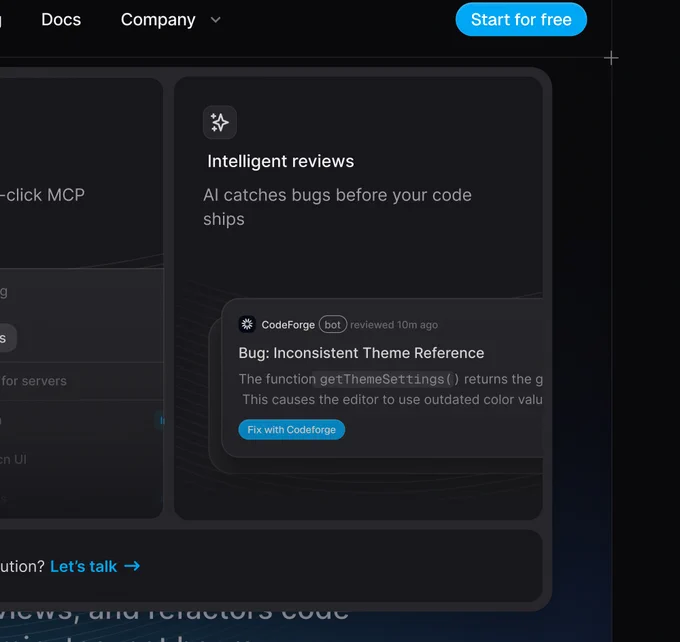 Dark UI card titled "Intelligent reviews" describing an AI bug finder with a CodeForge bot report about an inconsistent theme reference and fix button.