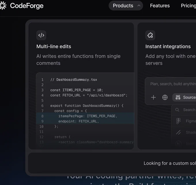 Dark UI mockup showing a code editor snippet for a DashboardSummary component with constants ITEMS_PER_PAGE and FETCH_URL and config object.