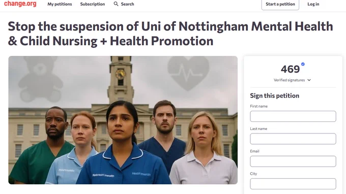 A screen shot for the change.org petition with the title "Stop the suspension of Uni of Nottingham Mental Health & Child Nursing   Health Promotion"
