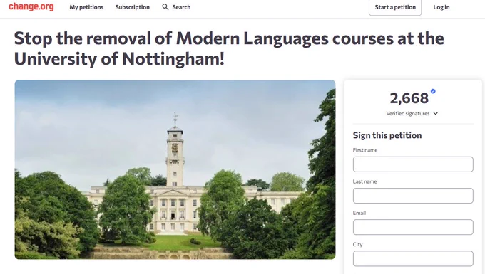 A screen shot for the change.org petition with the title "Stop the removal of Modern Language courses at the University of Nottingham!"